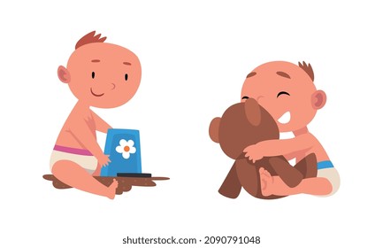 Funny Baby in Diaper Playing with Teddy Bear and Bucket Vector Set