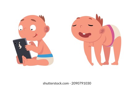 Funny Baby in Diaper Sitting with Smartphone Vector Set