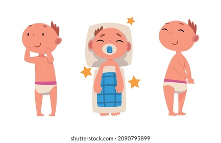 Funny Baby in Diaper Sleeping and Standing Vector Set