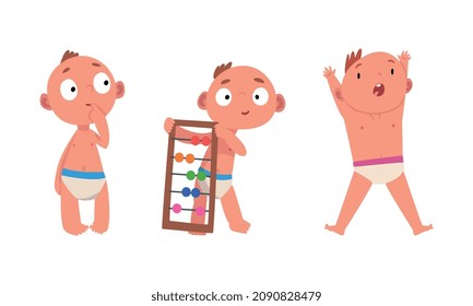 Funny Baby in Diaper Standing with Counting Frame and Shouting Vector Set