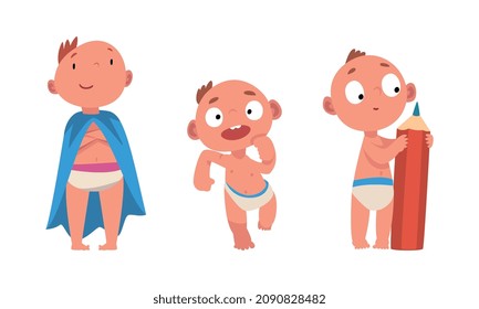 Funny Baby in Diaper Standing with Pencil and Wearing Cloak Vector Set