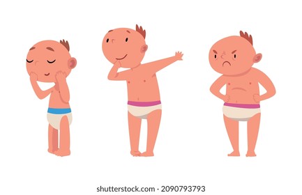 Funny Baby in Diaper Standing Sucking Finger and Feeling Angry Vector Set