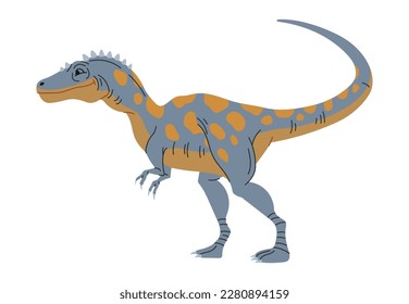 Funny baby dino kids toy, tyrannosaurus childish dinosaur. Vector Carnotaurus theropod spotted dinosaur animal character of prehistoric area