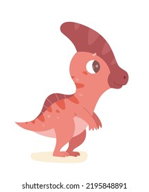 Funny baby dinosaur, jurassic wildlife and nature vector illustration. Cartoon isolated cute parasaurolophus, prehistoric animal and monster fantasy creature with beak on head, horns and tail