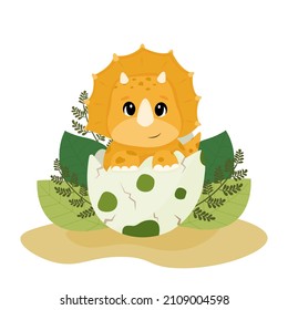 Funny baby dinosaur Triceratops in the egg shell. Dinosaur hatches from an egg svg