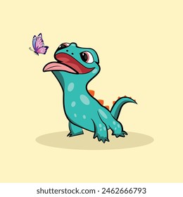 funny baby dinosaur try to eat a beautiful butterfly vector art 