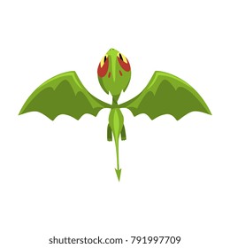Funny baby dragon in flying action. Cartoon character of green fantastic mythical creature. Top view. Flat vector design for mobile game, kids poster or network sticker