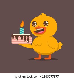 Funny baby duck with cake and candle. Vector cartoon bird character isolated on background. Happy birthday concept illustration.