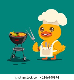 Funny baby duck in a chef hat with barbecue. Vector cartoon bird character with bbq tools cooking corn cob on the grill isolated on background.