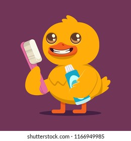 Funny baby duck with toothbrush and toothpaste. Vector cartoon bird character isolated on background. Dental concept illustration.