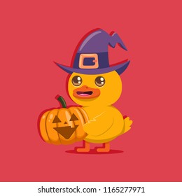 Funny baby duck in a witch hat and pumpkin. Vector cartoon bird character isolated on background. Halloween concept illustration.