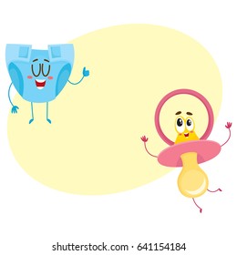Funny baby dummy, pacifier and diaper, nappy characters, child care concept, cartoon vector illustration with space for text. Baby pacifier, dummy and diaper, nappy character, mascot