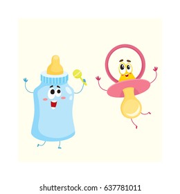 Funny baby dummy, pacifier and milk, feeding bottle characters, child care concept, cartoon vector illustration isolated on white background. Baby pacifier, dummy and milk bottle character, mascot