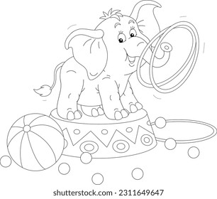 Funny baby elephant on a decorated pedestal performing tricks with rings and balls in a merry circus show, black and white outline vector cartoon illustration for a coloring book