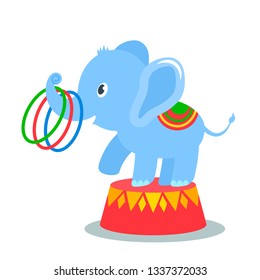 Funny baby elephant performs in the circus tent. flat vector illustration isolated on white background