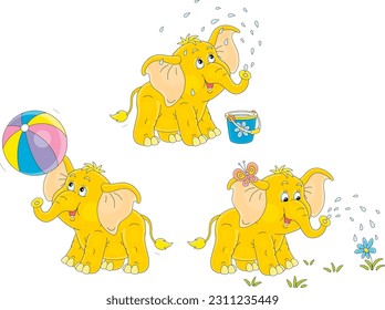 Funny baby elephant playing with a big striped ball, watering a small flower and splashing itself with water from a bucket, vector cartoon illustration isolated on a white background