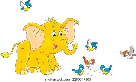 Funny baby elephant smiling and watching a merry flock of small birds fluttering around, vector cartoon illustration isolated on a white background