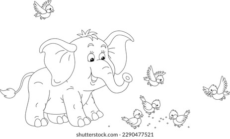 Funny baby elephant smiling and watching a merry flock of small birds fluttering around, black and white outline vector cartoon illustration for a coloring book