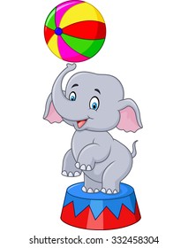Funny baby elephant with a striped ball stands on a scene