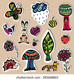 Funny baby forest stickers set. Vector doodle collection of hand drawn icons for baby shower or scrapbook 