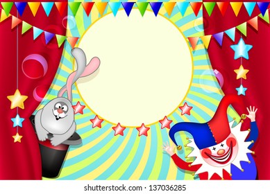 Funny Baby frame on circus theme. Bright clown and a rabbit in a hat