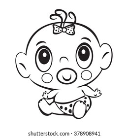 Funny baby girl. Cute baby girl sitting in a diaper isolated for coloring book. Design for children's books. T-shirt Graphics. Graphic design, canvas print