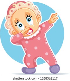 Funny Baby Girl Dabbing Vector Cartoon. Cute little child dancing taking first steps 
