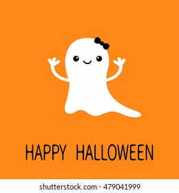 Funny baby girl ghost with black bow. Smiling face. Happy Halloween. Greeting card. Cute cartoon character. Scary spirit. Kids collection. Orange background. Flat design. Vector illustration