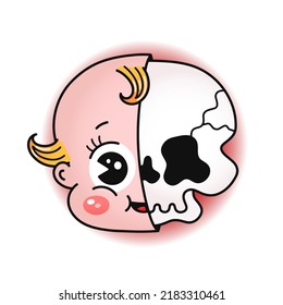 Funny baby head and skull print for t shirt.Vector line doodle traditional retro cartoon illustration.Funny vintage cartoon print poster,t-shirt,sticker concept