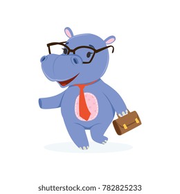 Funny baby hippo businessman character in glasses with briefcase, cute behemoth African animal vector Illustration