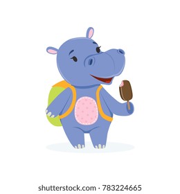 Funny baby hippo character with backpack eating ice cream, cute behemoth African animal vector Illustration