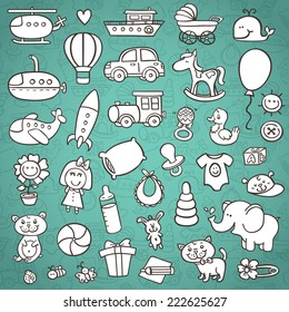 funny baby icons set. vector doodle collection of hand drawn icons for baby shower with outline seamless pattern on background  