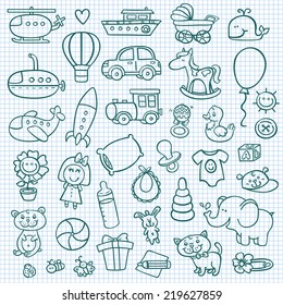 funny baby icons. vector doodle collection of hand drawn icons for baby shower 