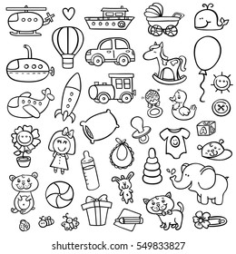 funny baby icons. vector doodle collection of hand drawn icons for baby shower