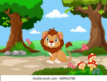 Funny baby lion sitting with a background of a beautiful garden 