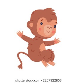 Funny baby monkey happily jumping. Cute African tropical animal cartoon character vector illustration