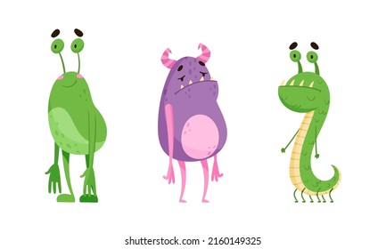 Funny baby monsters. Cute cheerful monster or alien cartoon characters vector illustration