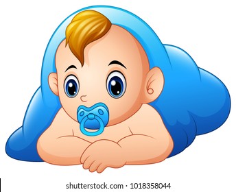 Funny baby and pacifier lying with blue blanket