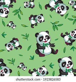 Funny baby panda eats bamboo.