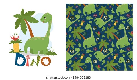 Funny baby pattern with cute brachiosaurus, kids print, greeting card. Seamless background with prehistoric animals, cute vector texture for baby bedding, fabric, wallpaper, wrapping paper, textile, t