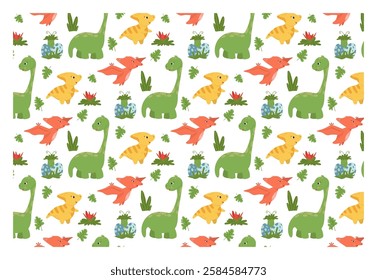 Funny baby pattern with cute brachiosaurus and two more dinosaurs, kids print. Seamless background with prehistoric animals, cute vector texture for baby bedding, fabric, wallpaper, wrapping paper