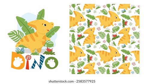 Funny baby pattern with cute dinosaur hadrosaur, kids print, greeting card. Seamless background with prehistoric animals, cute vector texture for baby bedding, fabric, wallpaper, wrapping paper