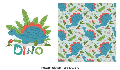 Funny baby pattern with cute dinosaur stegosaurus, kids print, greeting card. Seamless background with prehistoric animals, cute vector texture for baby bedding, fabric, wallpaper, wrapping paper