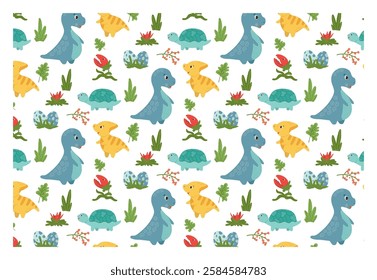 Funny baby pattern with cute dinosaurs, kids print. Seamless background with prehistoric animals, cute vector texture for baby bedding, fabric, wallpaper, wrapping paper, textile, t-shirt print