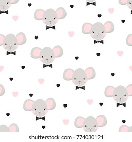 Funny baby pattern with cute mouse with bow and hearts. Childish illustration in vector.