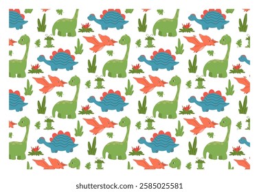 Funny baby pattern with cute pterosaur and two more dinosaurs, kids print. Seamless background with prehistoric animals, cute vector texture for baby bedding, fabric, wallpaper, wrapping paper, textil