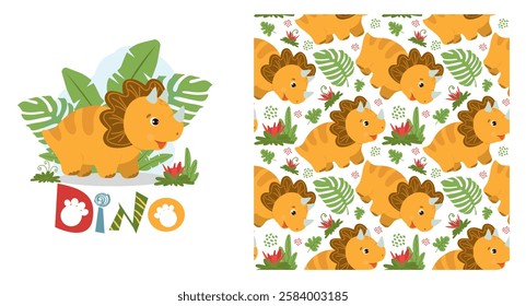 Funny baby pattern with cute tricerotops, kids print, greeting card. Seamless background with prehistoric animals, cute vector texture for baby bedding, fabric, wallpaper, wrapping paper, textile, t