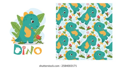 Funny baby pattern with cute tyrannosaurus, kids print, greeting card. Seamless background with prehistoric animals, cute vector texture for baby bedding, fabric, wallpaper, wrapping paper, textile, t