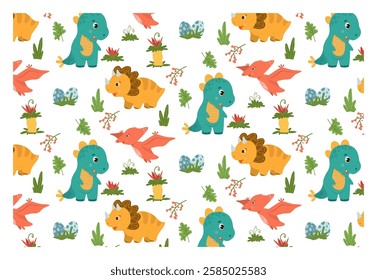 Funny baby pattern with cute tyrannosaurus and two more dinosaurs, kids print. Seamless background with prehistoric animals, cute vector texture for baby bedding, fabric, wallpaper, wrapping paper, te