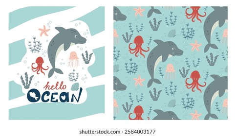 Funny baby pattern with dolphin and squid, kids print. Seamless background with sea animals, cute vector texture for baby bedding, fabric, wallpaper, wrapping paper, textile, t-shirt print